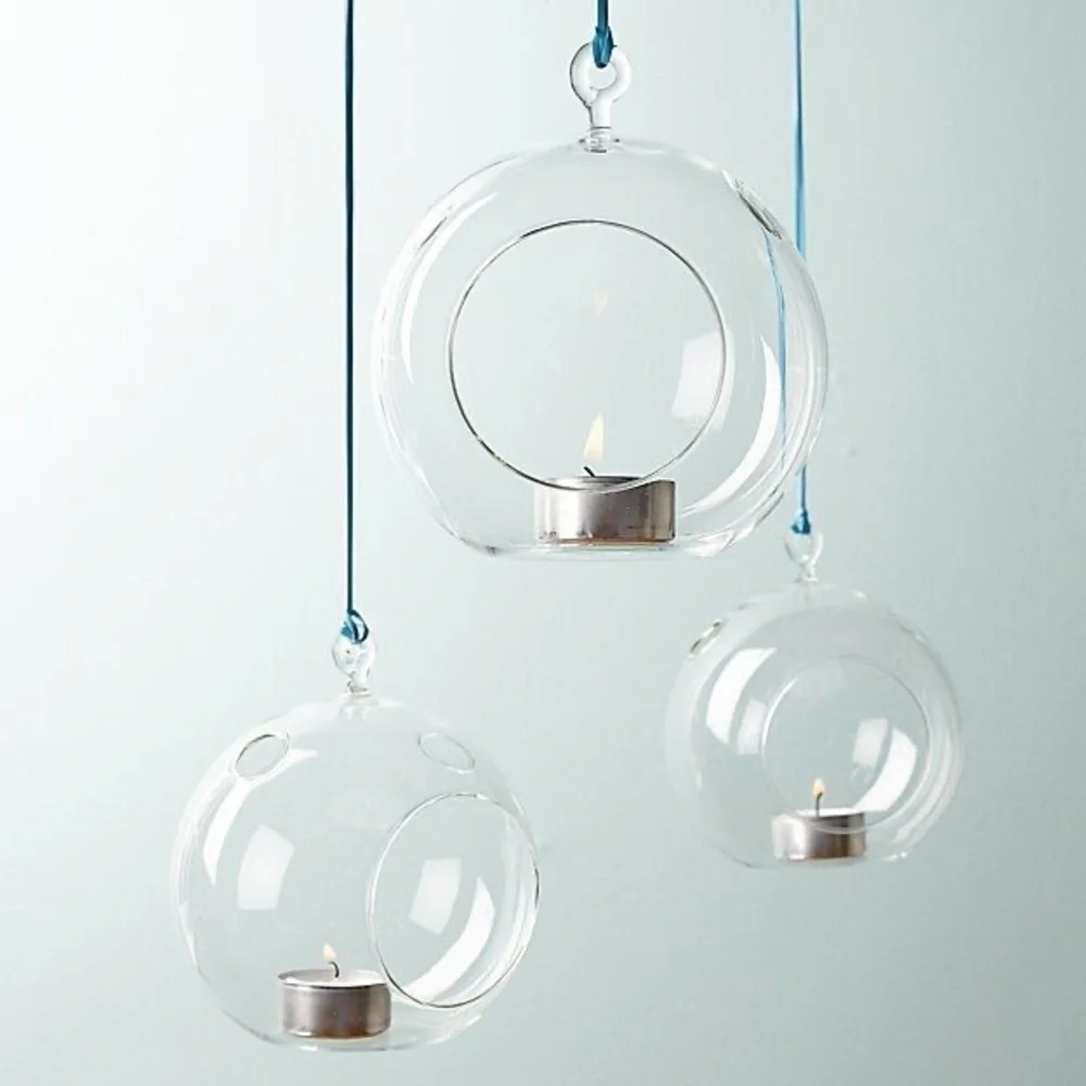 Pair CB2 Whirly Votive Holder Hanging Glass orb
